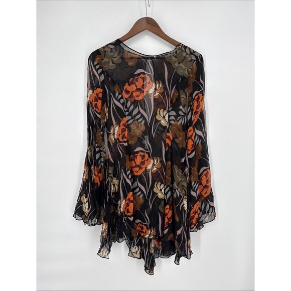 Katie May Size Small Bell Sleeve Black 70s Floral Dress Sheer Mini Dress - Picture 3 of 13